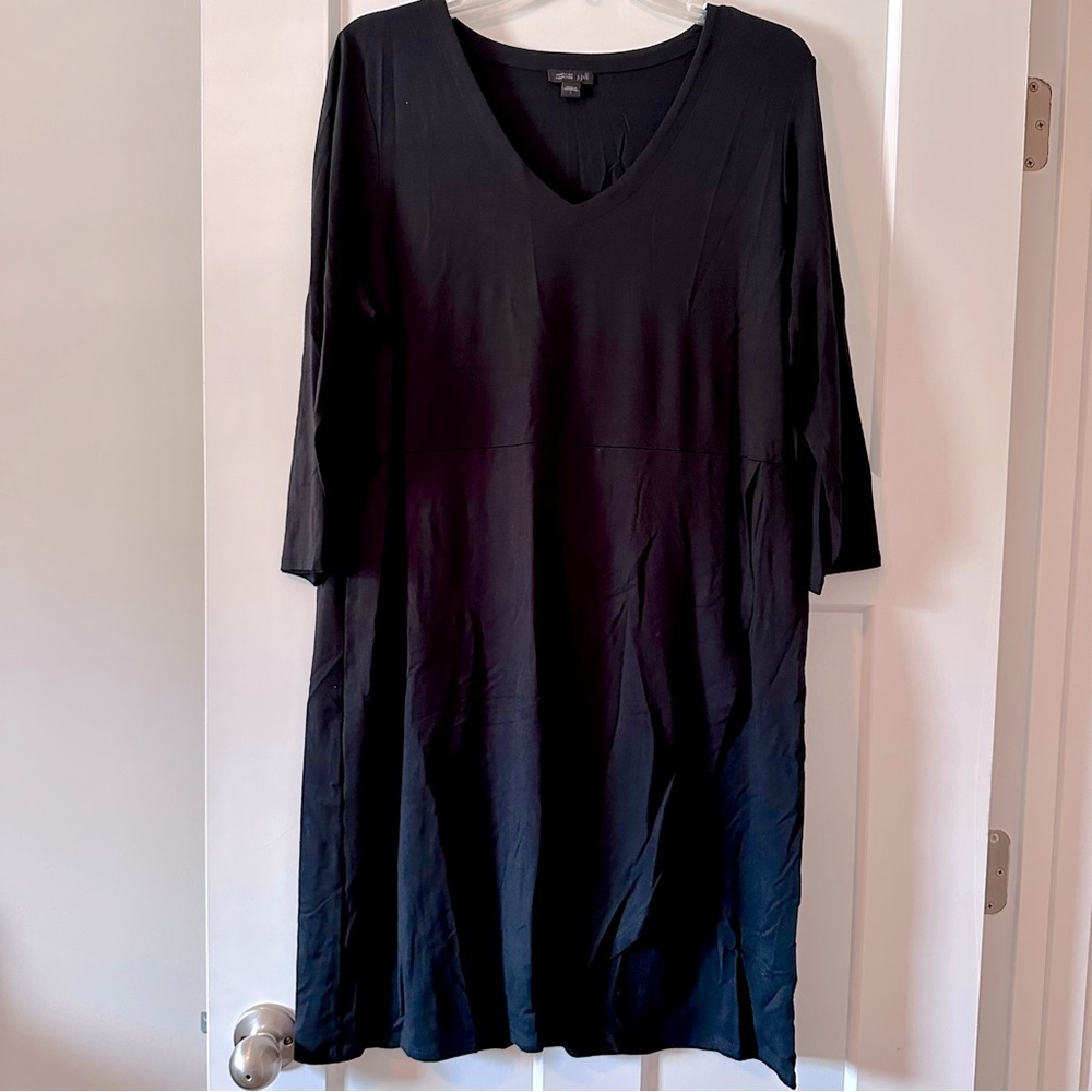 J. Jill Black V-Neck Dress 3/4 Sleeve Swoop Front Size Large